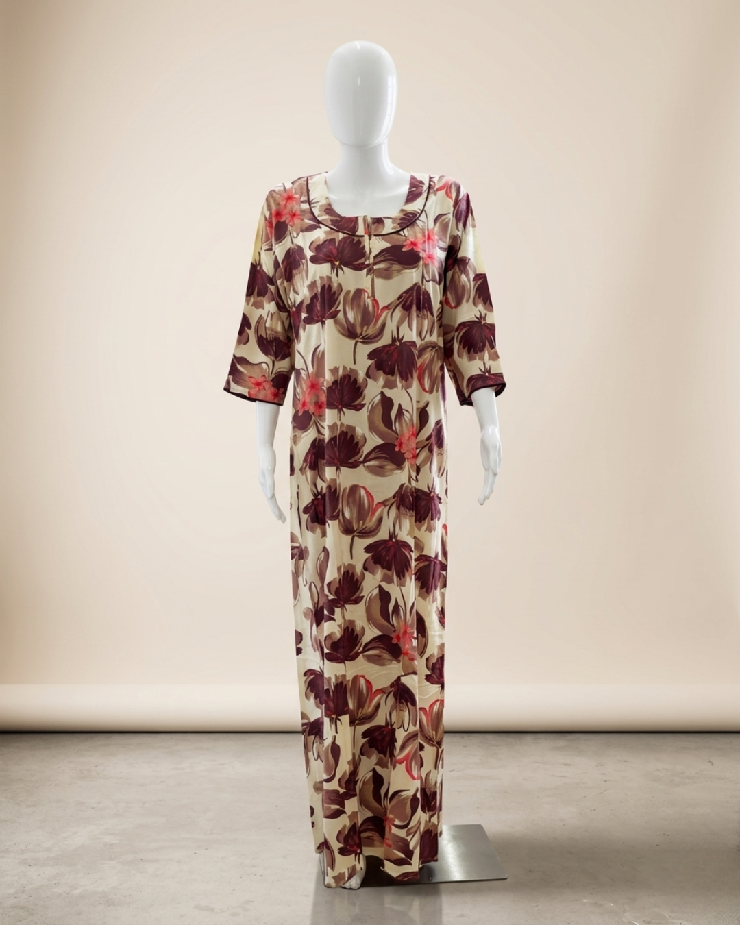 Women's Floral Nighty Maxi Dress – Painted Botanical Loungewear Gown – 3/4 Sleeve with Piped Neckline