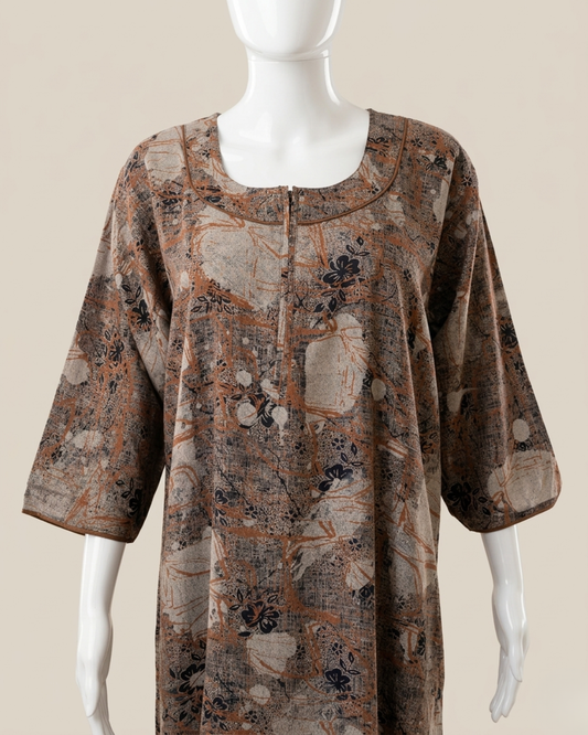 Brown Abstract Floral Print Full Length Maxi / Nighty Nightgown – Loose Fit Sleepwear with 3/4 Sleeves