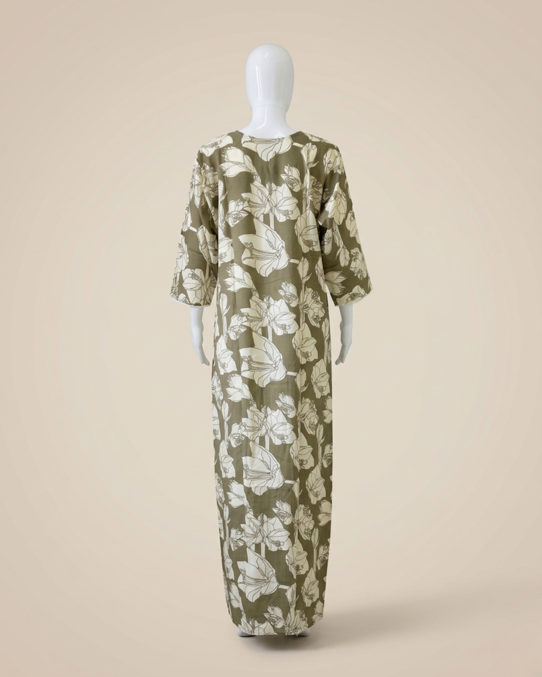 Olive Green Floral Lily Print Full Length Maxi Nighty Nightgown – Loose Fit Lounge Wear with 3/4 Sleeves