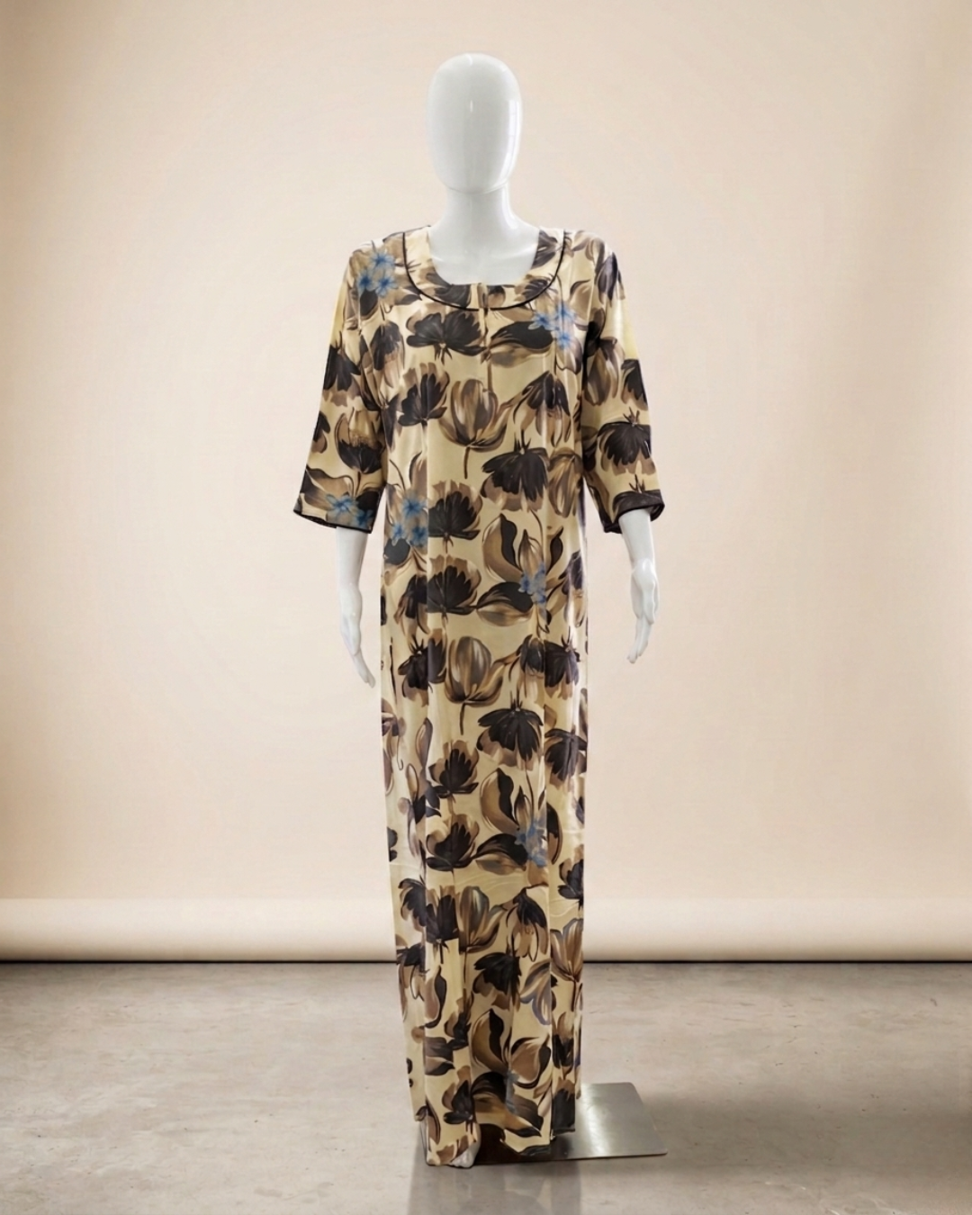 Women's Floral Nighty Maxi Dress – Painted Botanical Loungewear Gown – 3/4 Sleeve with Piped Neckline