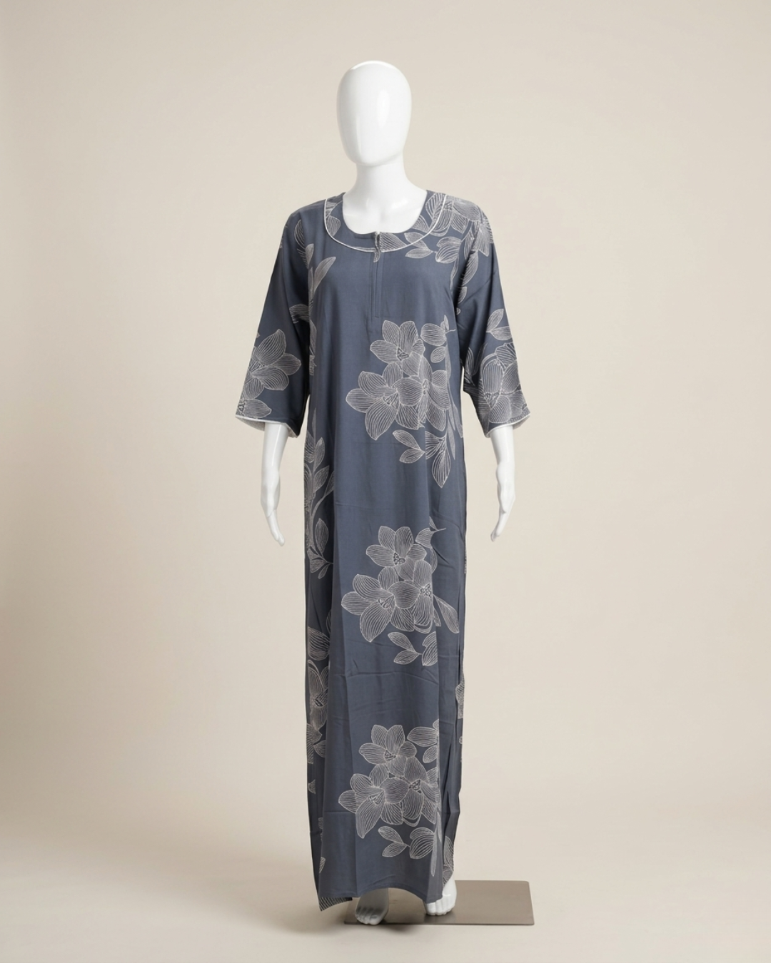 Women's Floral Outline Print Maxi Nighty with Front Zipper and 3/4 Sleeves