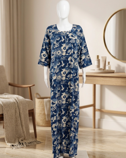 Women's Floral Nighty Maxi Dress – Vintage Botanical Print Loungewear – Breathable 3/4 Sleeve Nighty