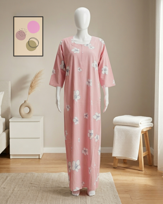 Comfortable Women's Floral Nighty Maxi Dress with 3/4th Sleeves – Breathable Comfort Nighty with Pockets
