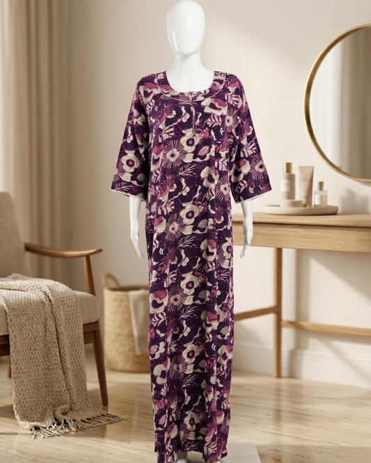 Women's Floral Nighty Maxi Dress – Vintage Botanical Print Loungewear – Breathable 3/4 Sleeve Nighty