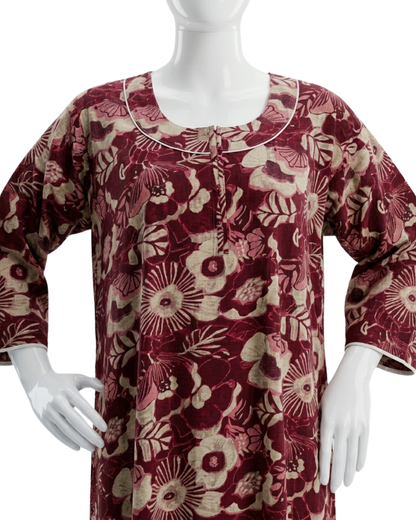 Women's Floral Nighty Maxi Dress – Vintage Botanical Print Loungewear – Breathable 3/4 Sleeve Nighty