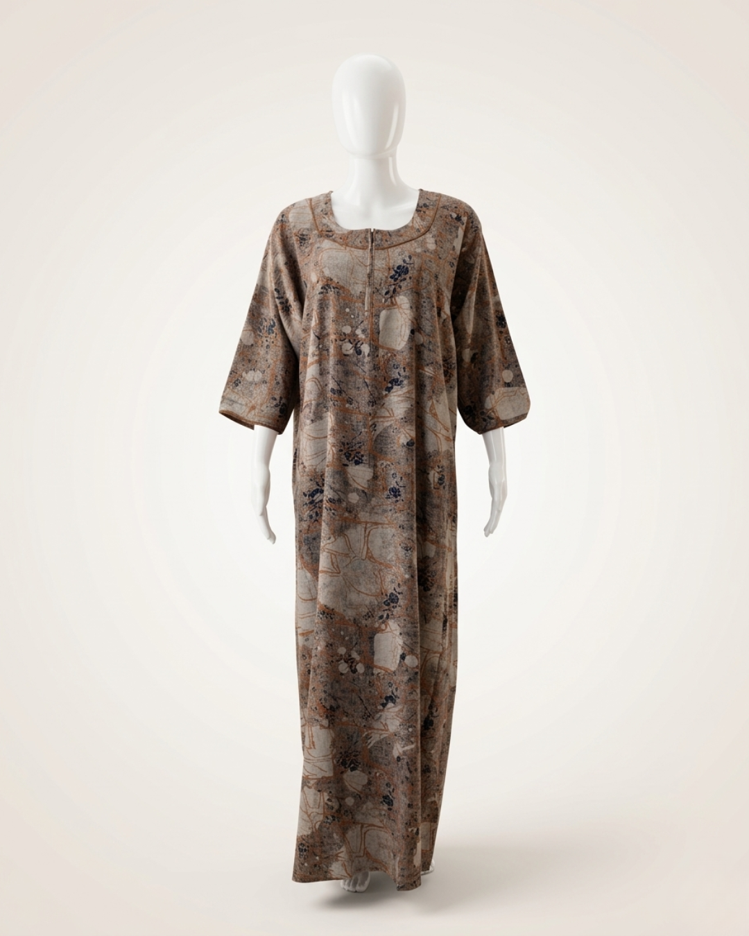 Brown Abstract Floral Print Full Length Maxi / Nighty Nightgown – Loose Fit Sleepwear with 3/4 Sleeves
