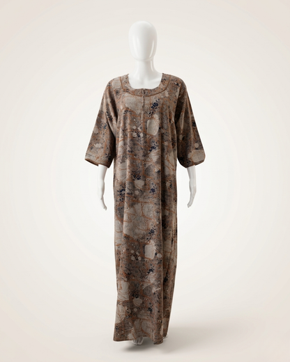 Brown Abstract Floral Print Full Length Maxi / Nighty Nightgown – Loose Fit Sleepwear with 3/4 Sleeves