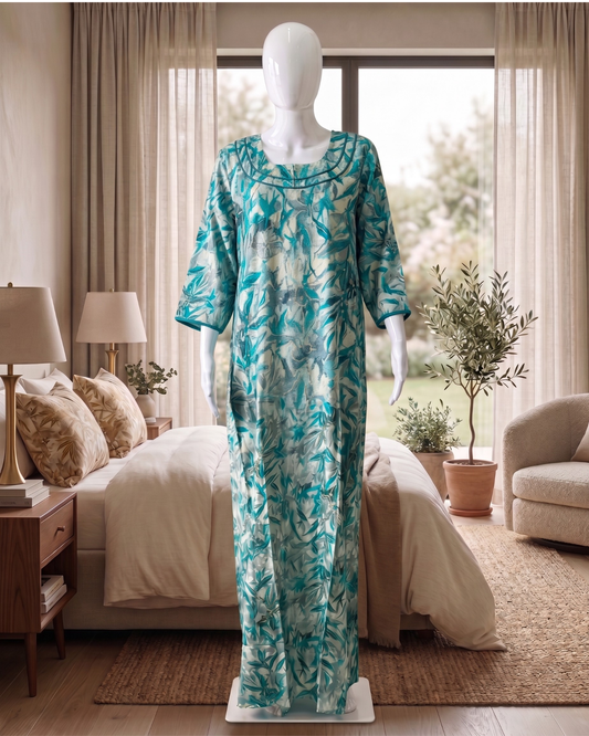 Autumn Leaf Printed Full-Length Nighty / Maxi / Nightgown with Side Pocket