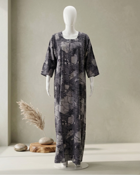 Dark Floral Print Maxi Nighty in Breathable Fabric with Scoop Neck Detail