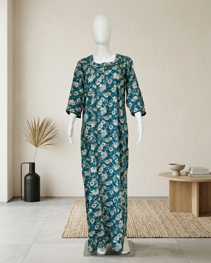 Full Length Teal Floral Print Maxi Nighty Nightgown with side Pocket – Loose Fit Sleepwear Housecoat