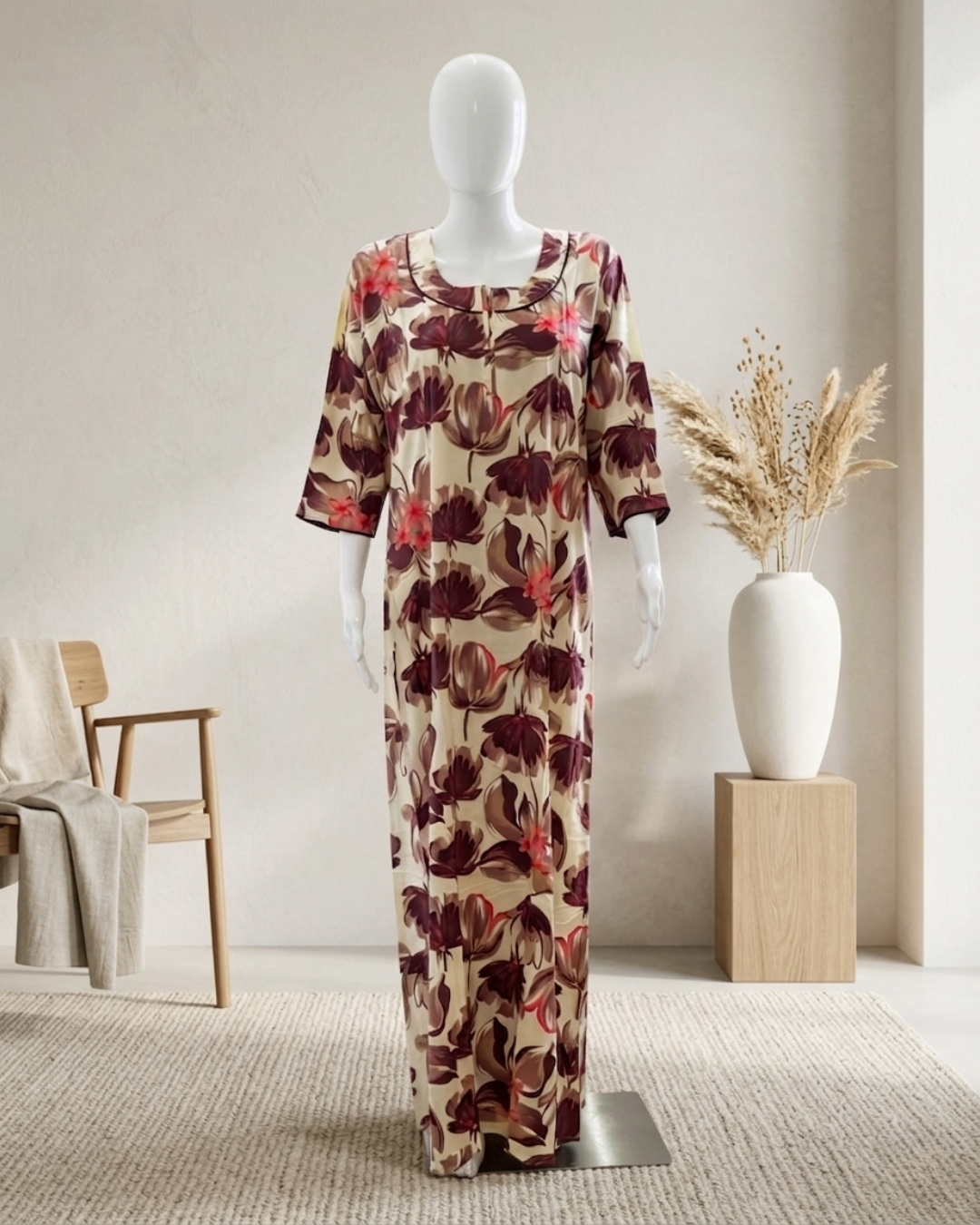 Women's Floral Nighty Maxi Dress – Painted Botanical Loungewear Gown – 3/4 Sleeve with Piped Neckline