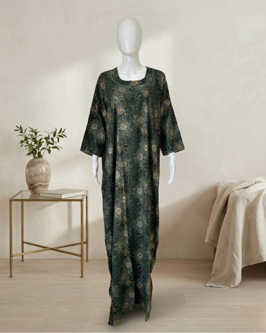 Full Length Dark Green Batik Print Maxi Nightgown with 3/4 Sleeves and Round Neck Women's Nighty