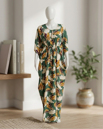 Women's Kaftan Nighty with Adjustable Waist Drawstring – Forest Green Abstract Floral Maxi Nightgown