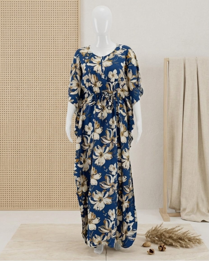 Floral Symphony Kaftan Maxi Dress with Adjustable Waist Tie