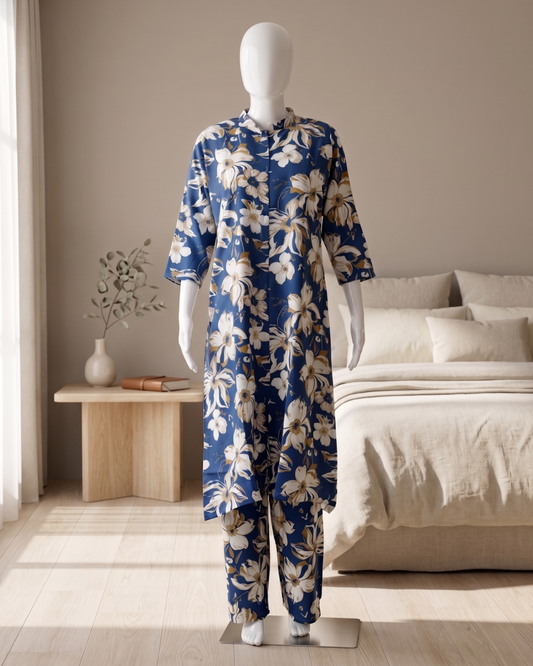 Women's Floral Print Co-Ord Set with Matching Trousers – Plum & White Longline Tunic with Pocket