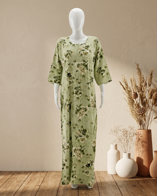 Premium Rayon Floral Sleepwear – Breathable Full-Length Nighty with Pocket