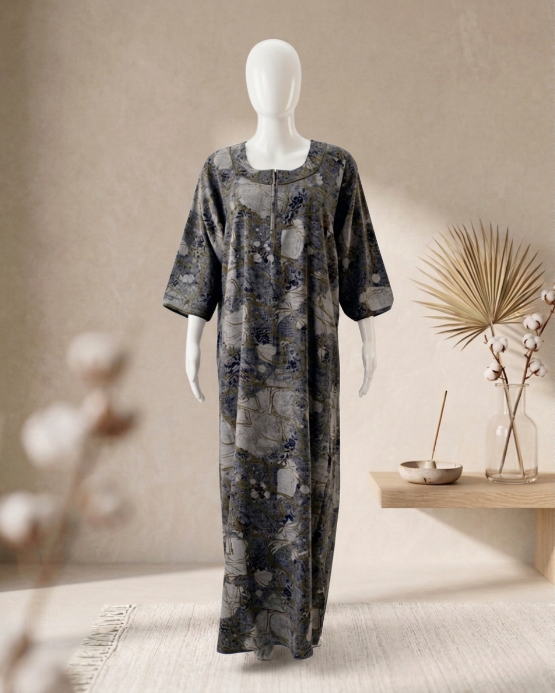 Women's Abstract Floral Print Maxi Nighty with 3/4 Sleeves and Scoop Neck