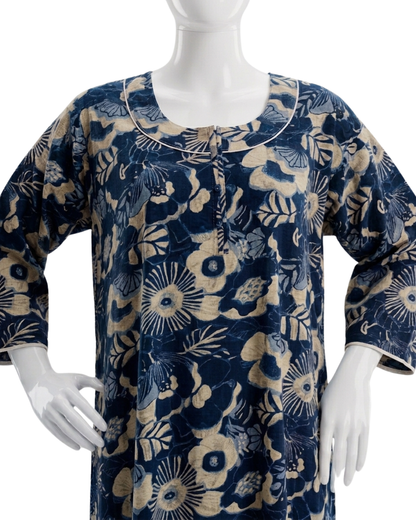 Women's Floral Nighty Maxi Dress – Vintage Botanical Print Loungewear – Breathable 3/4 Sleeve Nighty