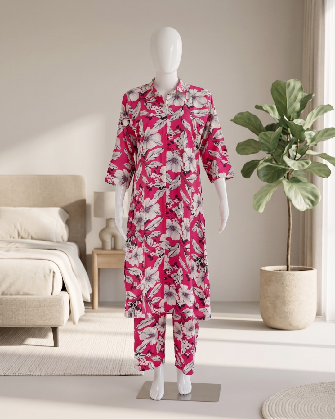 Women's Floral Print Co-Ord Set with Matching Trousers – Plum & White Longline Tunic with Pocket
