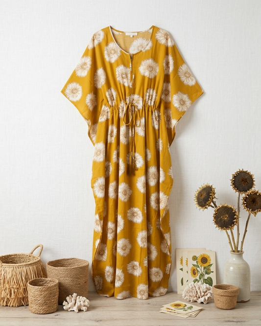 Floral Print Rayon Maxi Dress - Half Sleeve Casual Kaftan with Zip Closure