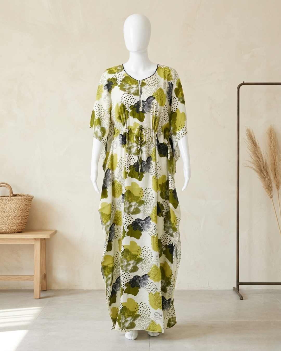 Women's Kaftan Nighty with Adjustable Waist Drawstring – Olive Green Abstract Floral Maxi Nightgown – Full Length Kaftan Gown