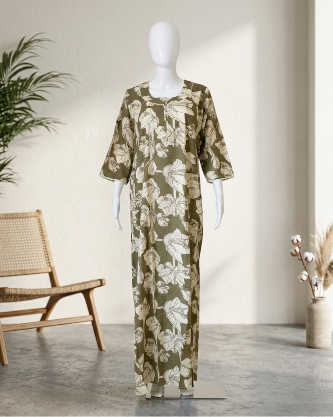 Olive Green Floral Lily Print Full Length Maxi Nighty Nightgown – Loose Fit Lounge Wear with 3/4 Sleeves