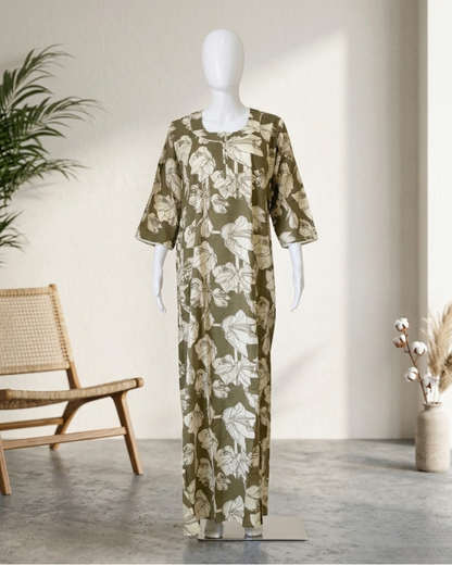 Olive Green Floral Lily Print Full Length Maxi Nighty Nightgown – Loose Fit Lounge Wear with 3/4 Sleeves