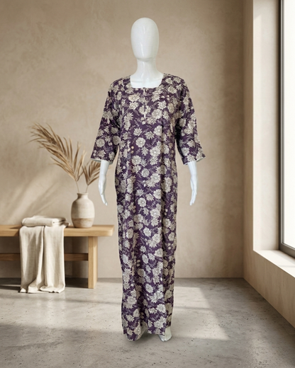 Full Length Purple Floral Print Maxi Nighty Nightgown – Loose Fit Sleepwear