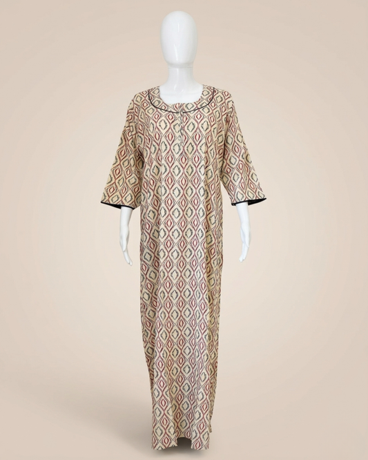 Full Length Beige Ikat Geometric Print Maxi Nighty Nightgown – Loose Fit Housecoat