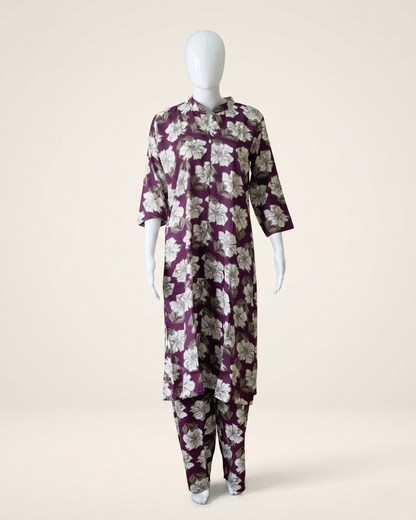 Women's Floral Print Co-Ord Set with Matching Trousers – Plum & White Longline Tunic with Pocket