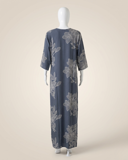 Women's Floral Outline Print Maxi Nighty with Front Zipper and 3/4 Sleeves