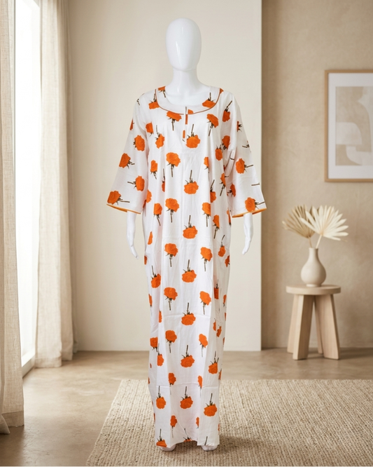 Full Length White & Orange Floral Print Maxi Nightgown – Loose Fit