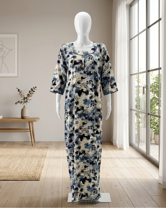 Floral Print A-Line Maxi Night Dress with Scoop Neck and 3/4 Sleeves