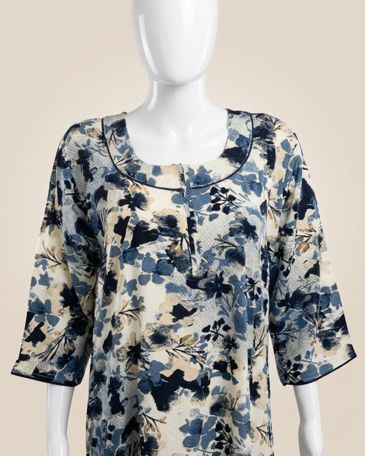 Floral Print A-Line Maxi Night Dress with Scoop Neck and 3/4 Sleeves