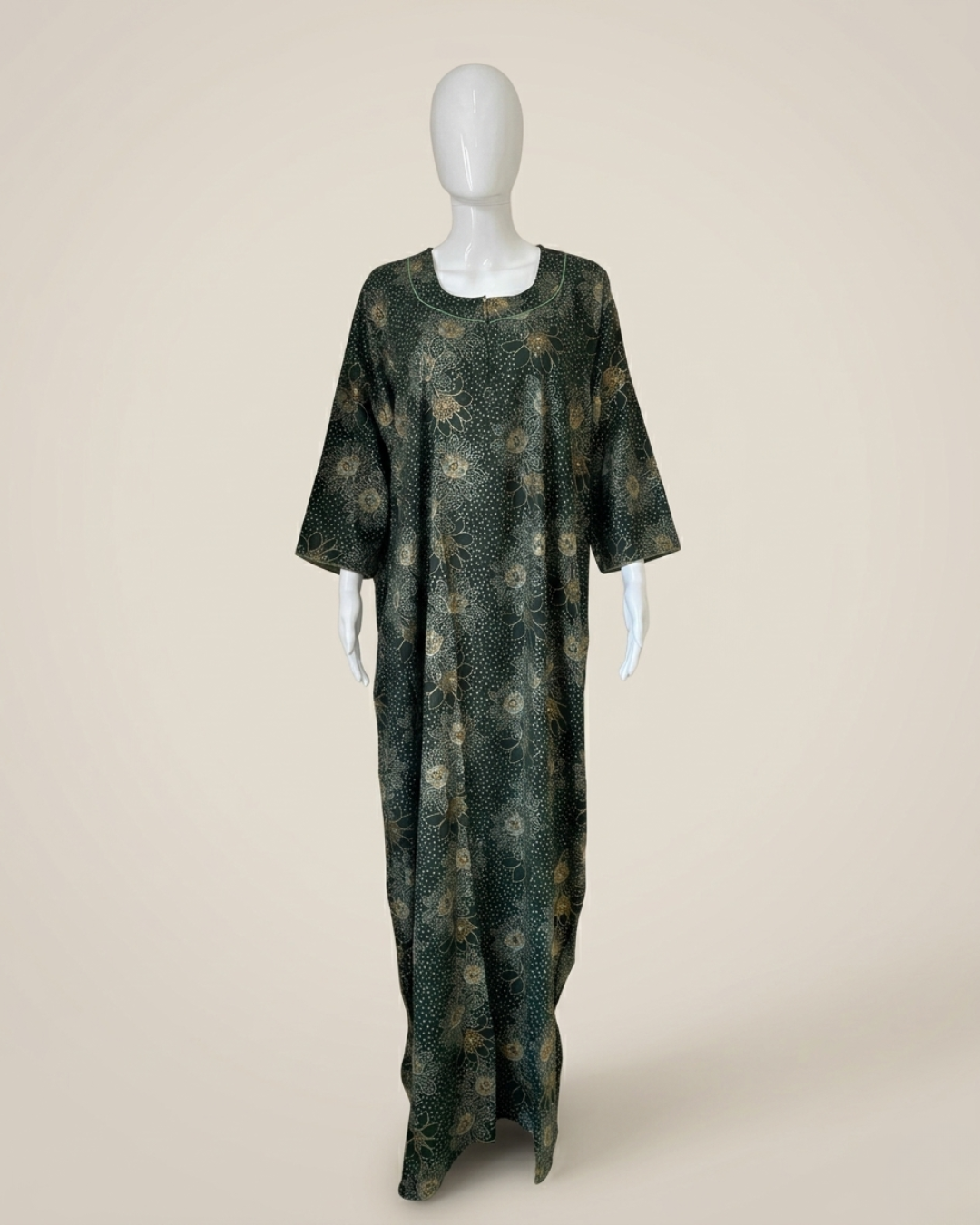Full Length Dark Green Batik Print Maxi Nightgown with 3/4 Sleeves and Round Neck Women's Nighty