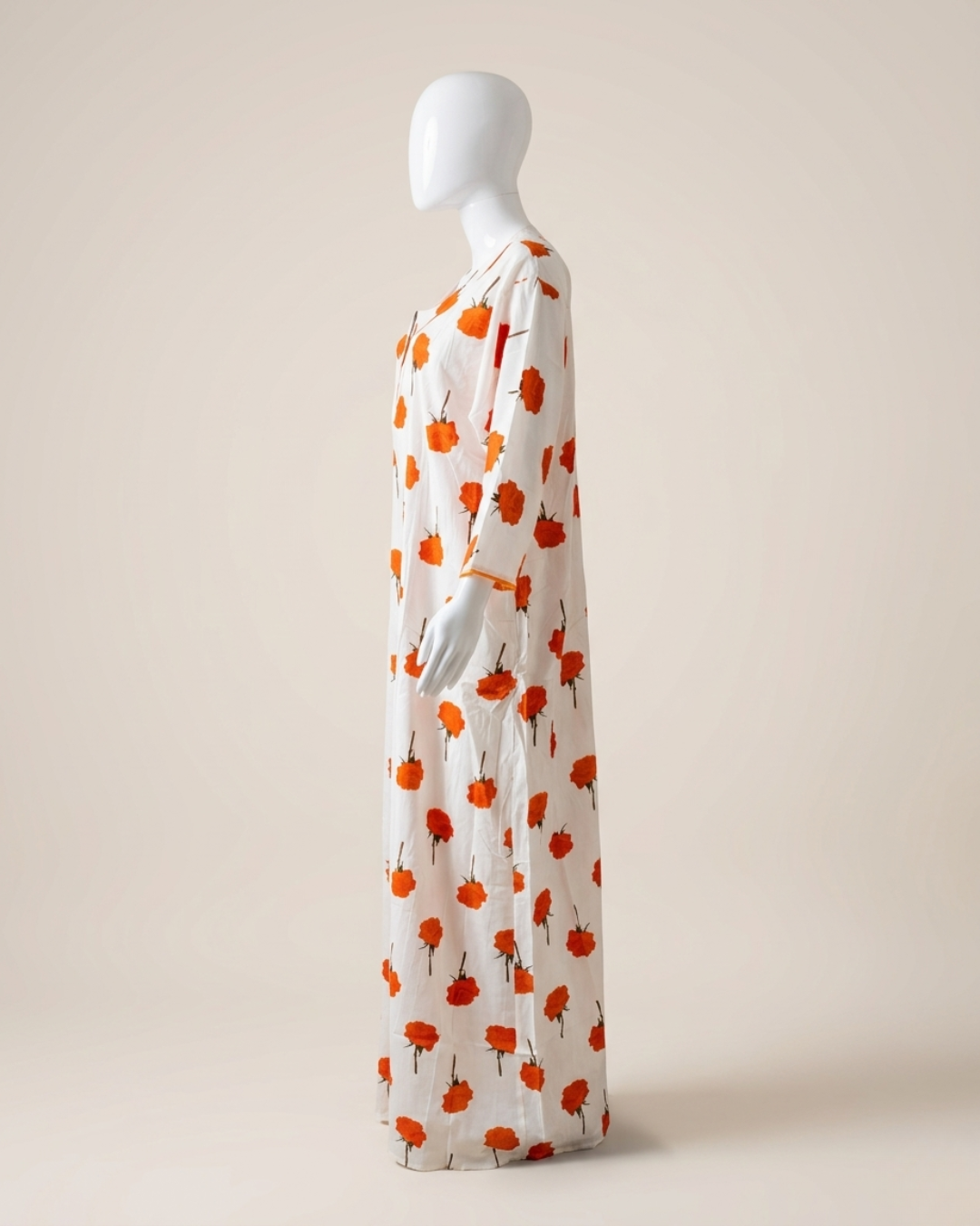 Full Length White & Orange Floral Print Maxi Nightgown – Loose Fit