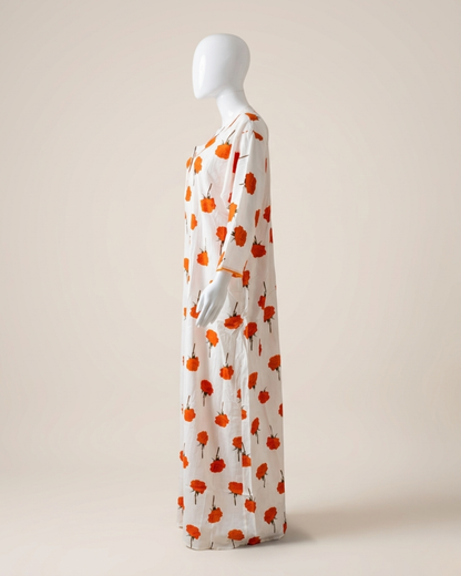 Full Length White & Orange Floral Print Maxi Nightgown – Loose Fit