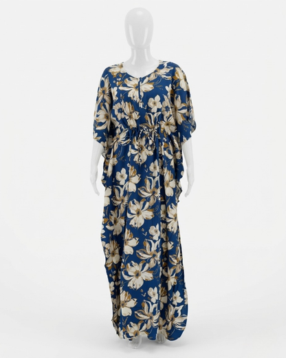 Floral Symphony Kaftan Maxi Dress with Adjustable Waist Tie