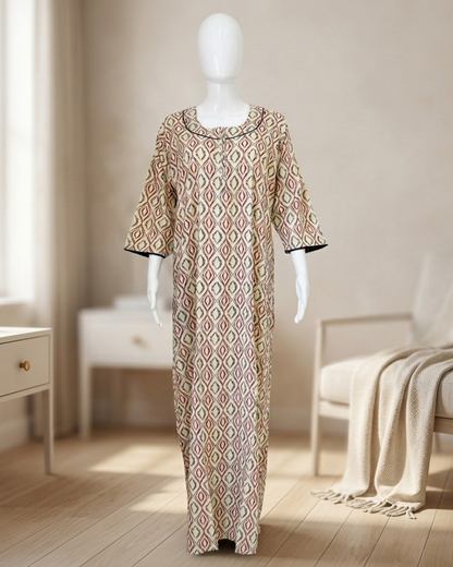 Full Length Beige Ikat Geometric Print Maxi Nighty Nightgown – Loose Fit Housecoat