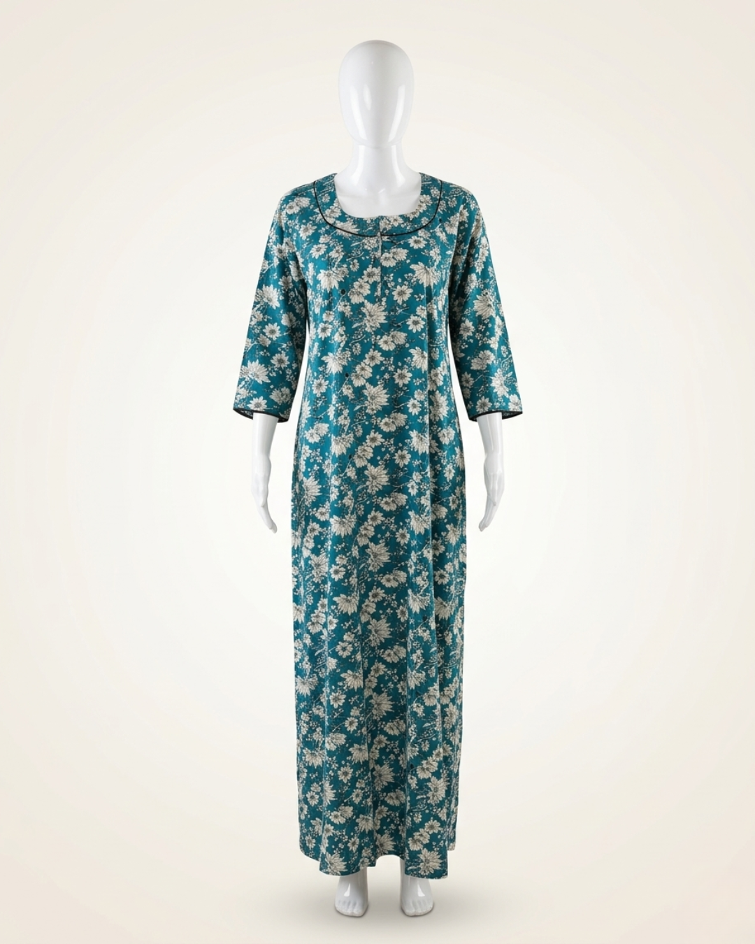 Full Length Teal Floral Print Maxi Nighty Nightgown with side Pocket – Loose Fit Sleepwear Housecoat