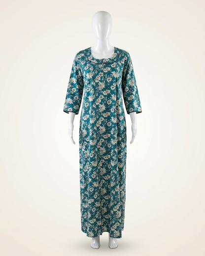 Full Length Teal Floral Print Maxi Nighty Nightgown with side Pocket – Loose Fit Sleepwear Housecoat