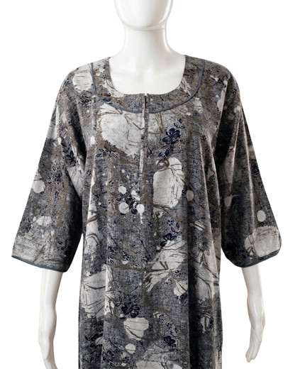 Women's Abstract Floral Print Maxi Nighty with 3/4 Sleeves and Scoop Neck