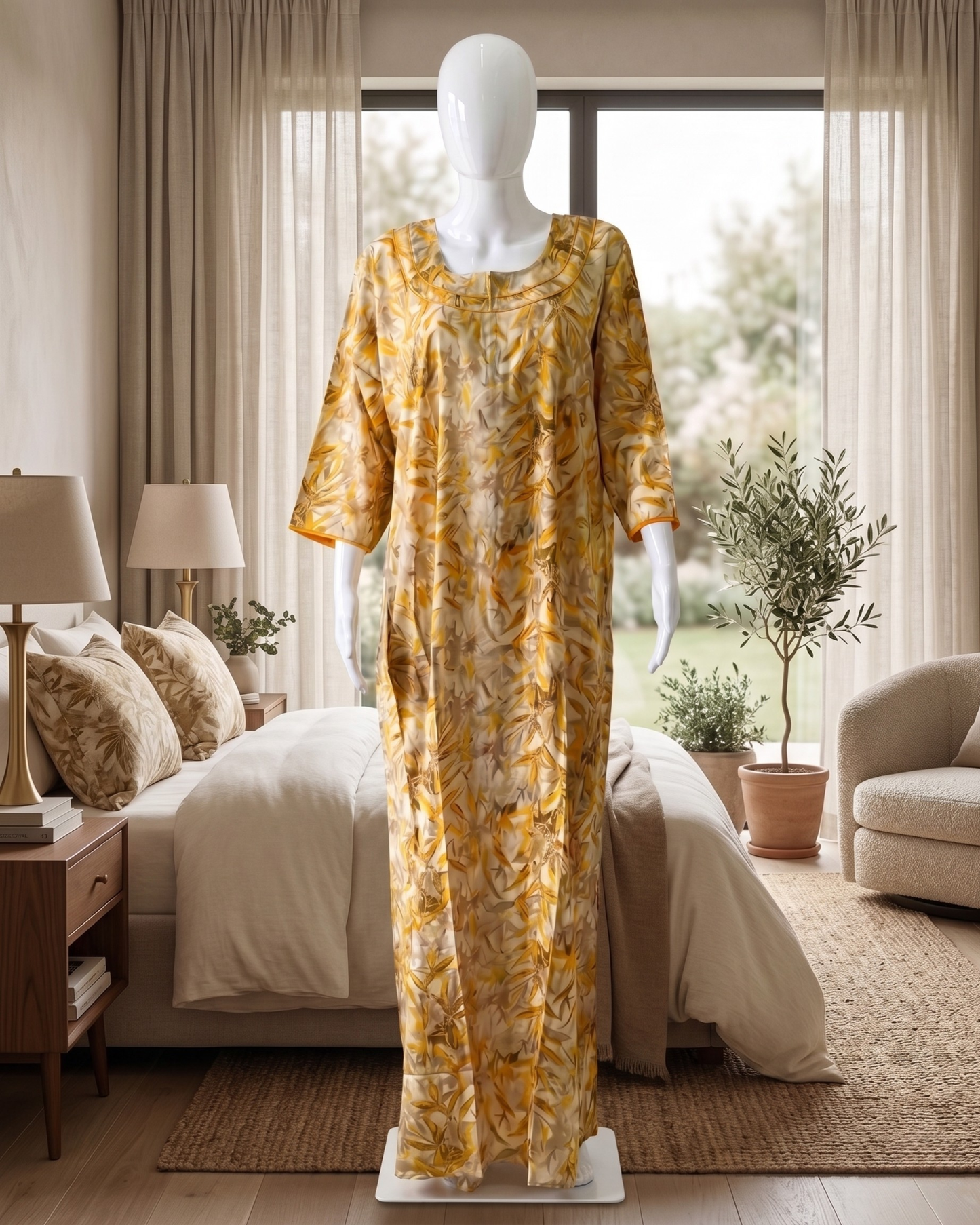 Autumn Leaf Printed Full-Length Nighty / Maxi / Nightgown with Side Pocket