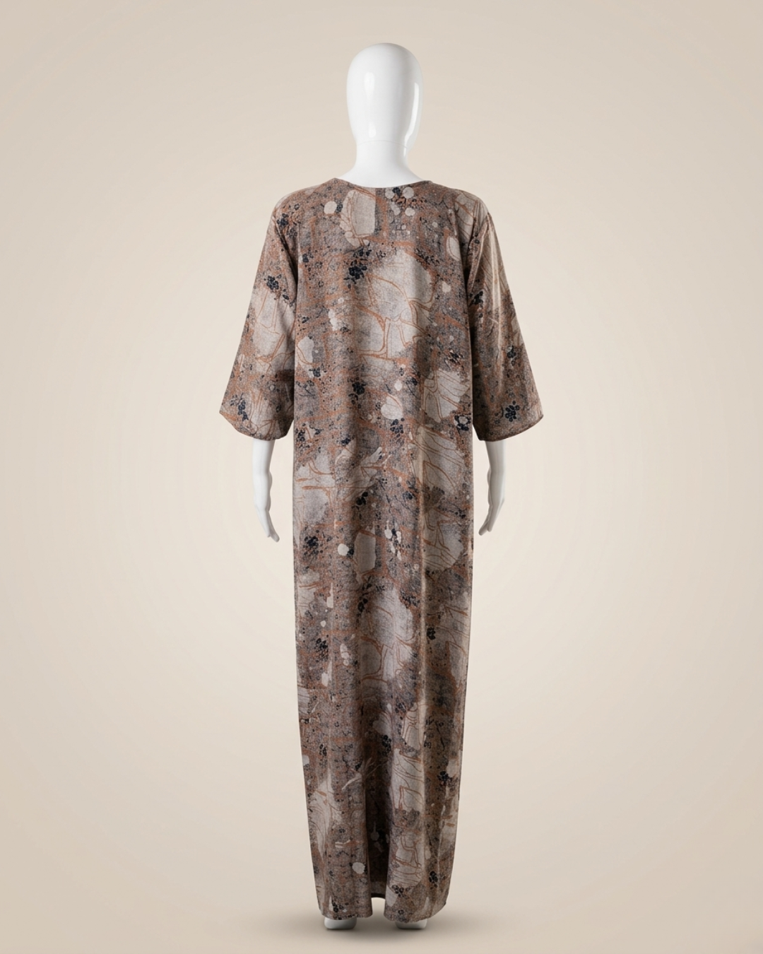 Brown Abstract Floral Print Full Length Maxi / Nighty Nightgown – Loose Fit Sleepwear with 3/4 Sleeves