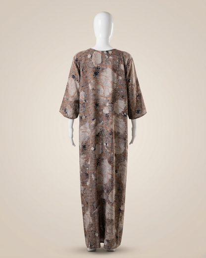 Brown Abstract Floral Print Full Length Maxi / Nighty Nightgown – Loose Fit Sleepwear with 3/4 Sleeves