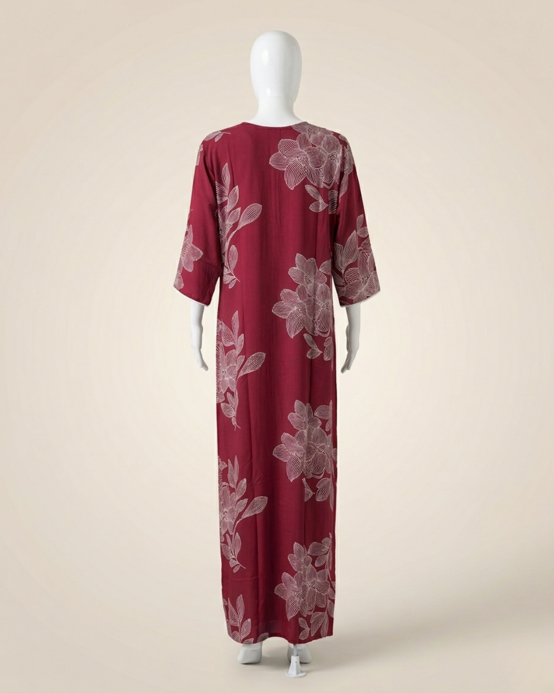 Women's Floral Outline Print Maxi Nighty with Front Zipper and 3/4 Sleeves