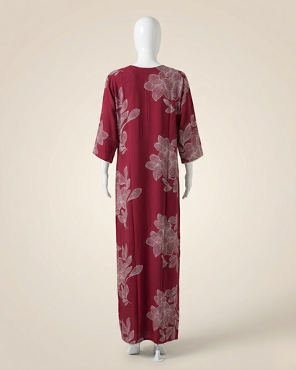 Women's Floral Outline Print Maxi Nighty with Front Zipper and 3/4 Sleeves