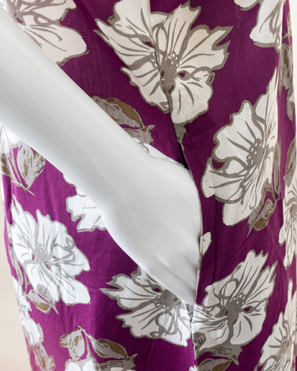 Women's Floral Print Co-Ord Set with Matching Trousers – Plum & White Longline Tunic with Pocket