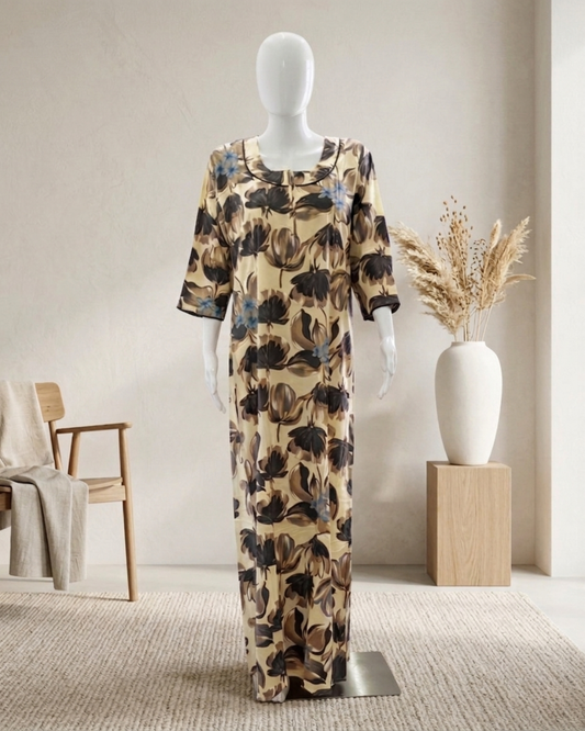 Women's Floral Nighty Maxi Dress – Painted Botanical Loungewear Gown – 3/4 Sleeve with Piped Neckline