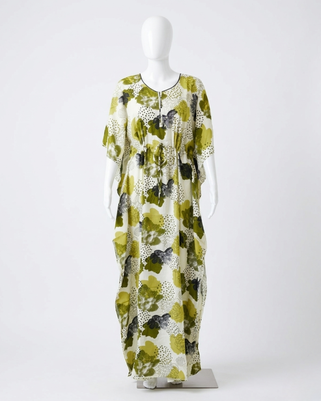Women's Kaftan Nighty with Adjustable Waist Drawstring – Olive Green Abstract Floral Maxi Nightgown – Full Length Kaftan Gown